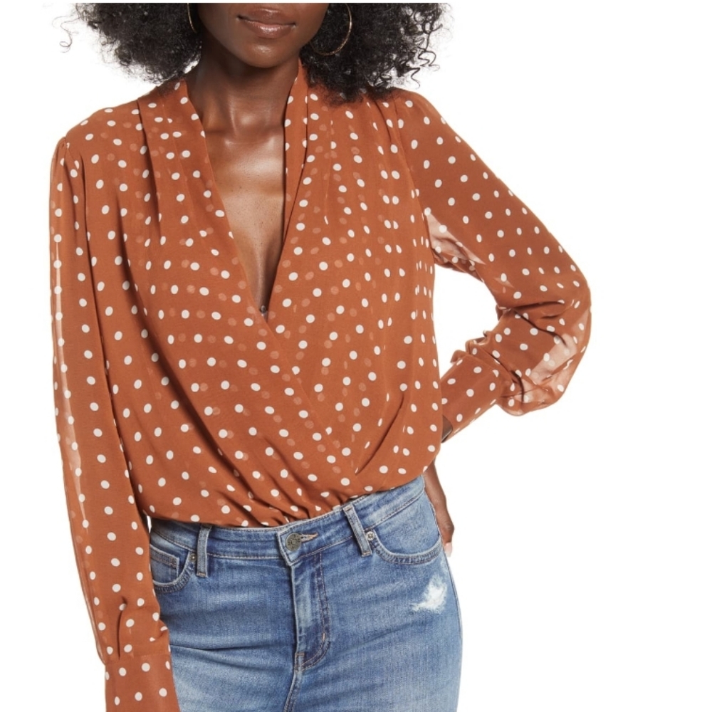 J.O.A faux wrap polka dot bodysuit